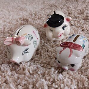 Vintage Hand Painted Ceramic Three Little Piggy Banks White w/Hat Flowers